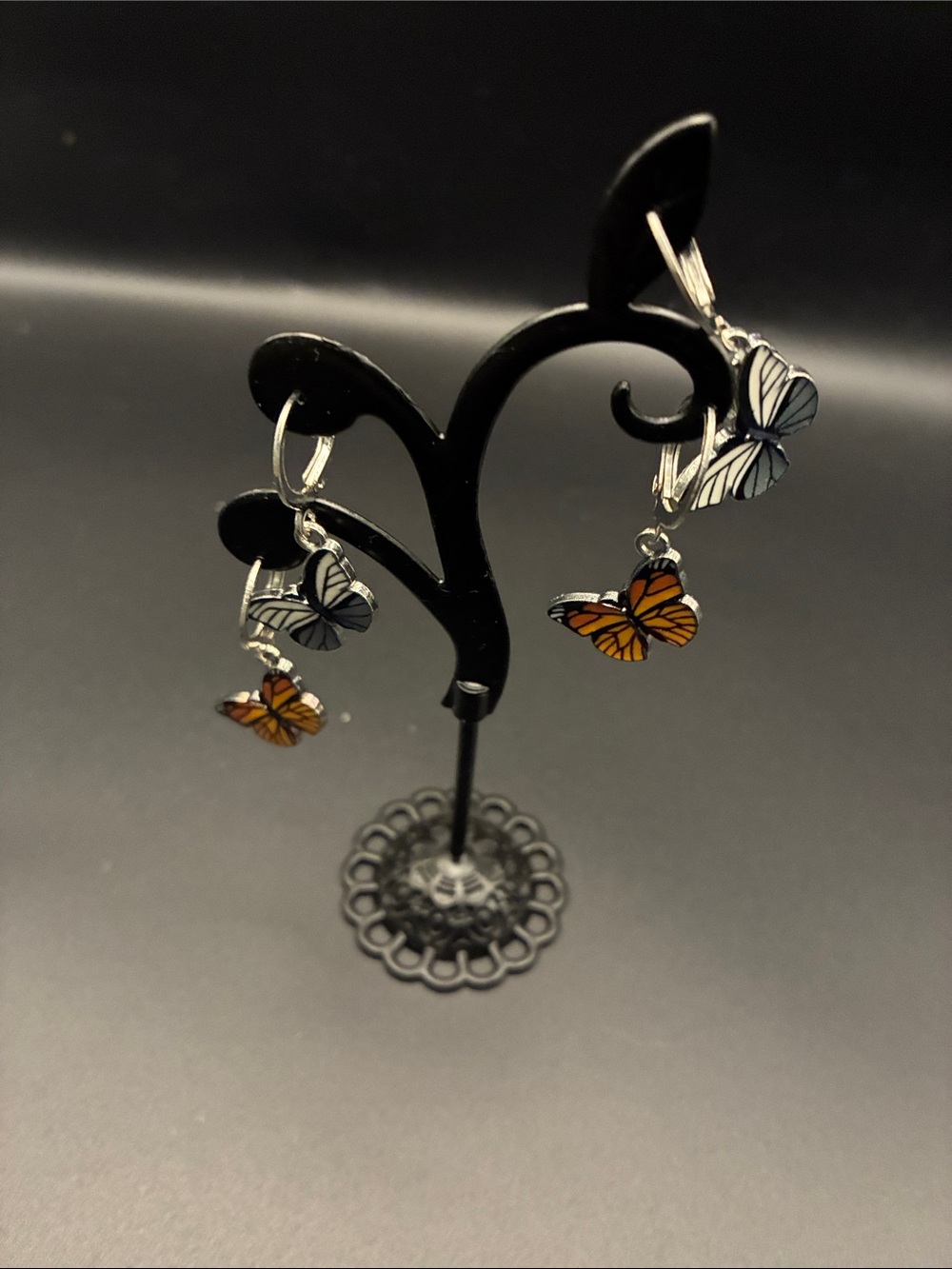 Silver Butterfly Drop Earrings with Orange and White Accents 2 pairs